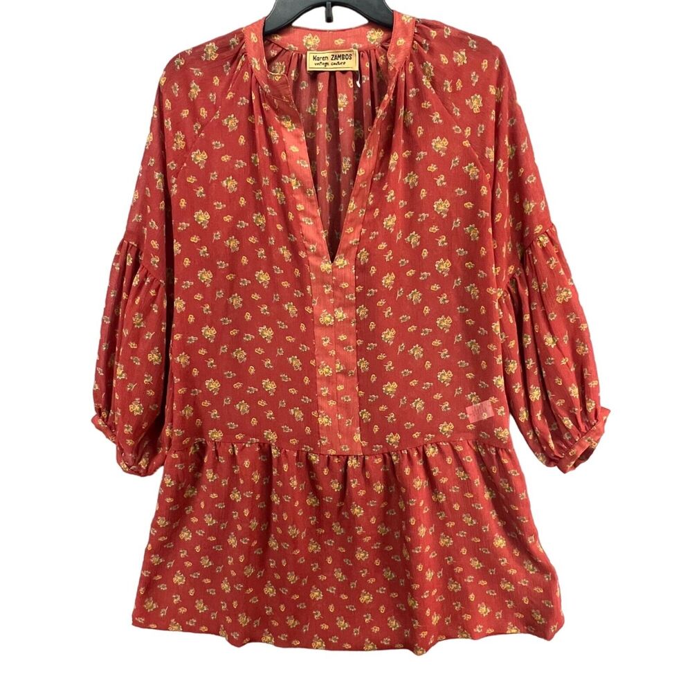 Karen‎ Zambos Tunic Blouse Womens S Rust Orange Floral Top Boho Peasant Cottage